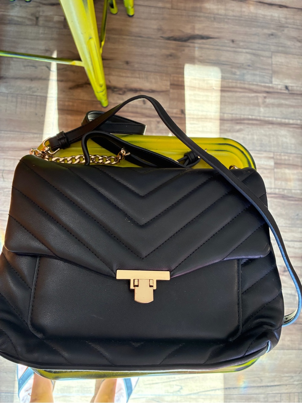 a new day Black Quilted Shoulder Bag with Gold Hardware